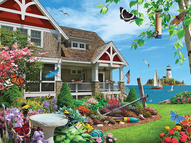 Blooming Beach House, cottage, flowers, birds, butterflies, sailboat, sea, artwork, lighthouse, digital, HD wallpaper