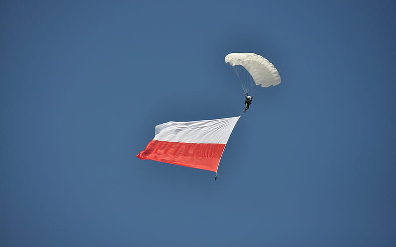 Flag of Poland, Poland, sky, parachutist, flag, HD wallpaper