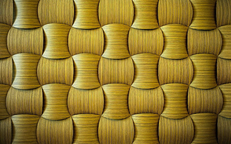 yellow 3D texture, wickerwork textures, yellow backgrounds, 3D weaving textures, 3D art, weaving, HD wallpaper