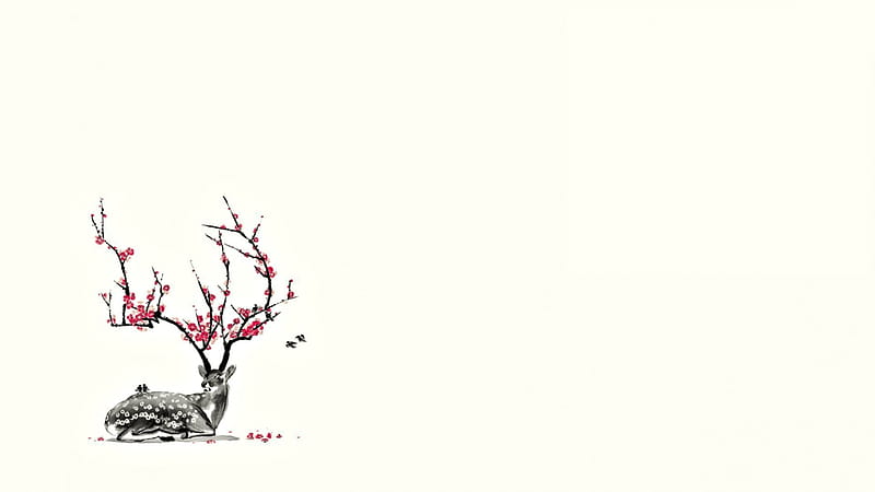 Spring, art, flower, white, minimalism, pink, horns, deer, HD wallpaper
