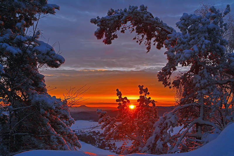 Winter sunset, dusk, bonito, sunset, sky, winter, cold, snow, landscape, frost, HD wallpaper