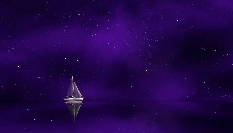 stars, luminos, soorelis, sea, boat, fantasy, water, vara, purple, summer, HD wallpaper