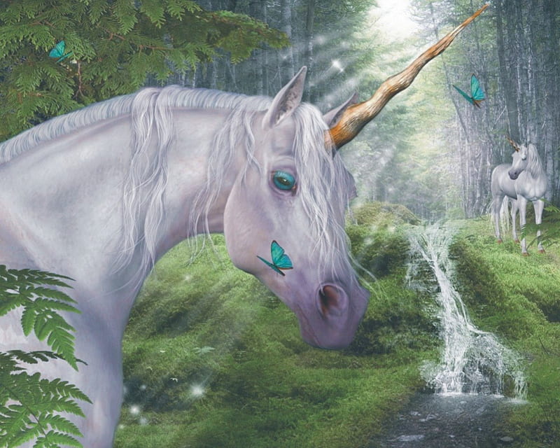 Unicorn, forest, magic, unicorns, fantasy, water, tear, horn, waterfall, nature, cry, HD wallpaper