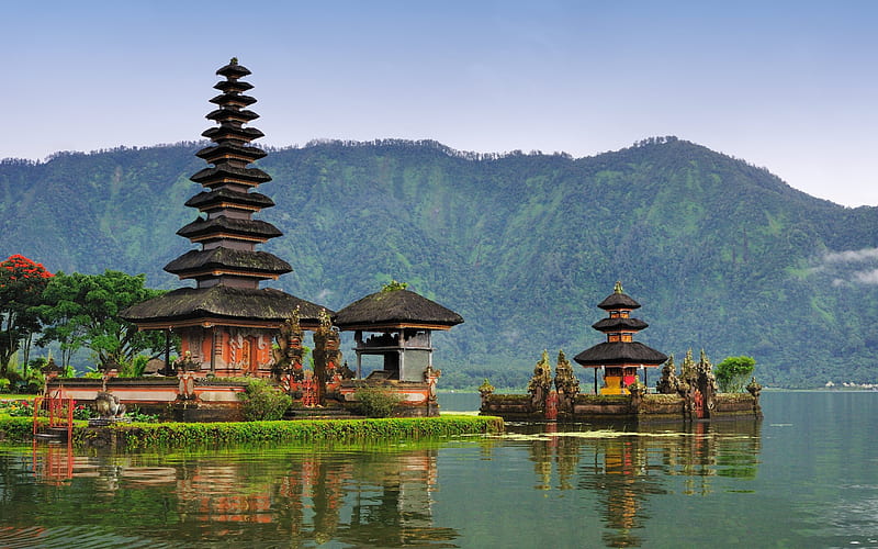 Indonesia, temple, lake, mountains, HD wallpaper