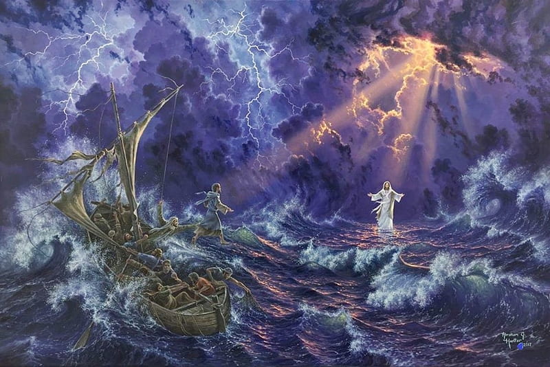 Leap of Faith, sky, clouds, storm, artwork, Sea, jesus, sunrays, boat, painting, HD wallpaper