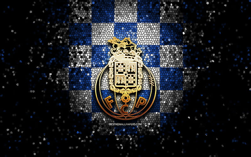 FC Porto, glitter logo, Primeira Liga, blue white checkered background, soccer, portuguese football club, FC Porto logo, mosaic art, football, Porto FC, HD wallpaper