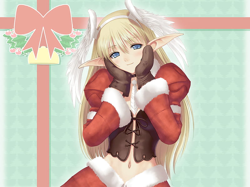 Christmas Elf, cute, red, girl, anime, blonde, HD wallpaper
