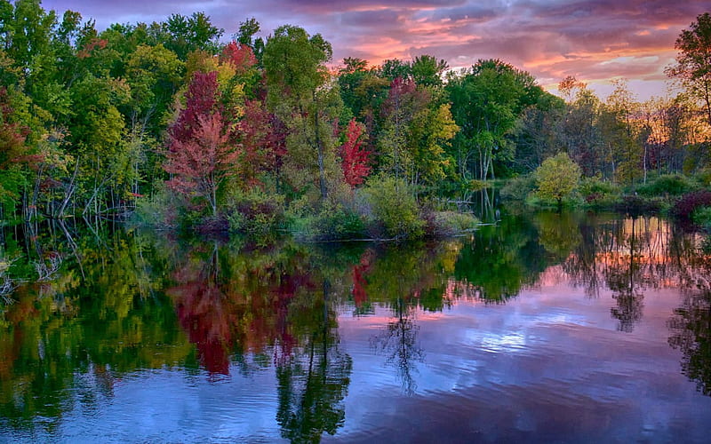 Sunset on Lake Noquebay, Wisconsin, Reflection, USA, Lake, Autumn, Sunset, HD wallpaper