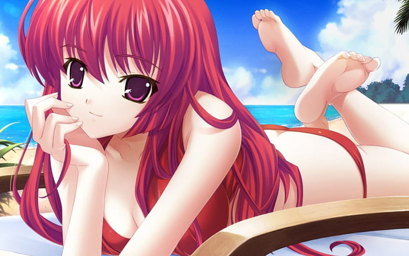Anime Beach Red Beach Sand Girl Anime Ocean Bikini Hd Wallpaper Peakpx