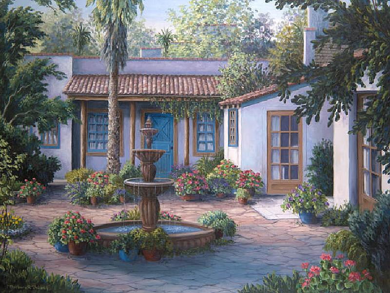 Tucan Courtyard, water fountain, roof, courtyard, tuscan, trees, door, windows, pots, water, flower, HD wallpaper