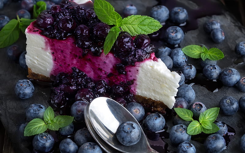 cheesecake, cake, blueberry jam, berries, blueberries, HD wallpaper
