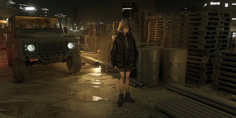 military base, night, coat, anime girl, industrial, brown hair, Anime, HD wallpaper