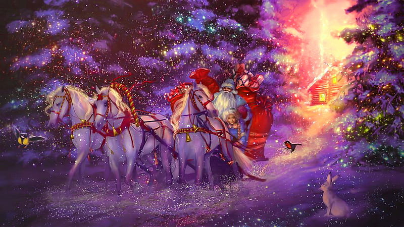 Santa's coming, forest, art, christmas, holiday, bonito, magic, fairytale, santa claus, horses, lights, winter, fantasy, snow, Rissian, enchanted, HD wallpaper