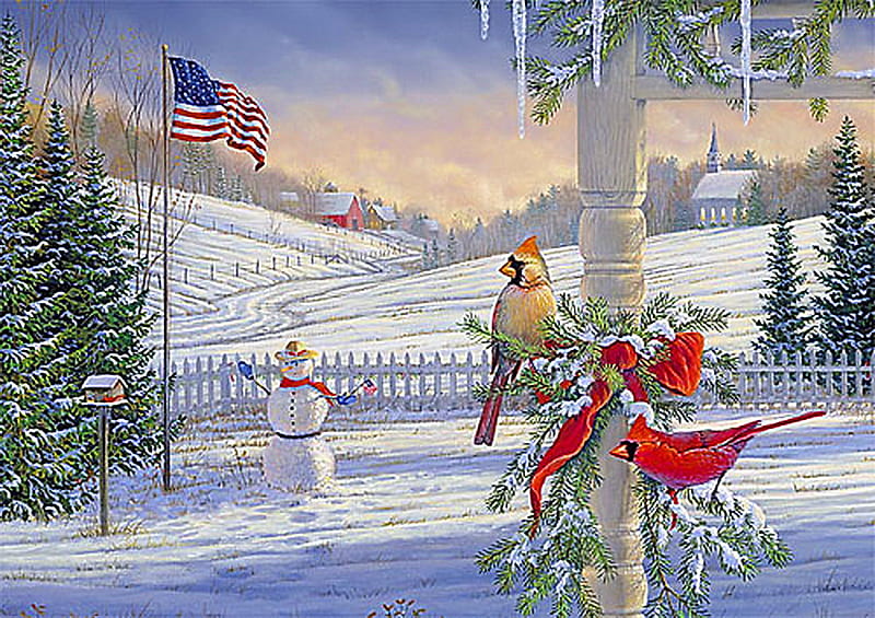 Merry Christmas American friends, cardinals, christmas, snow, american flag, snowman, trees, winter, HD wallpaper