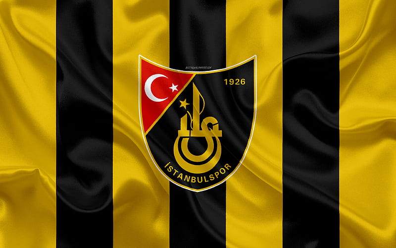 Istanbulspor AS logo, silk texture, Turkish football club, yellow black flag, emblem, 1 Lig, TFF First League, Istanbul, Turkey, football, HD wallpaper