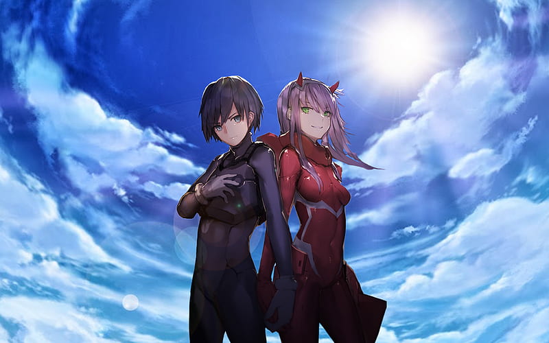 Hiro, Zero Two, manga, blue sky, Darling in the FranXX, HD wallpaper