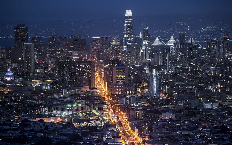 San Francisco, evening, skyscrapers, sunset, San Francisco panorama, cityscape, skyline, California, USA, HD wallpaper