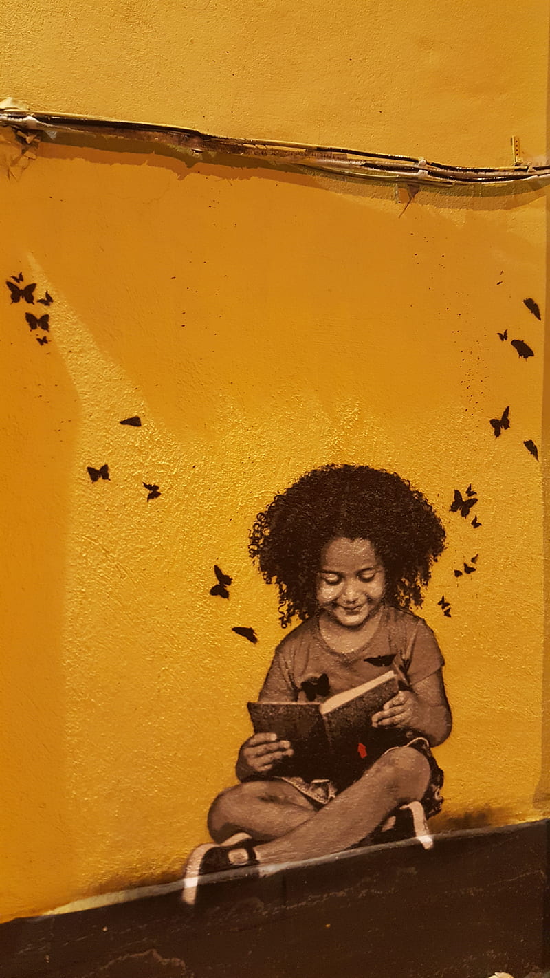 graffiti, child, reading, book, street art, HD phone wallpaper
