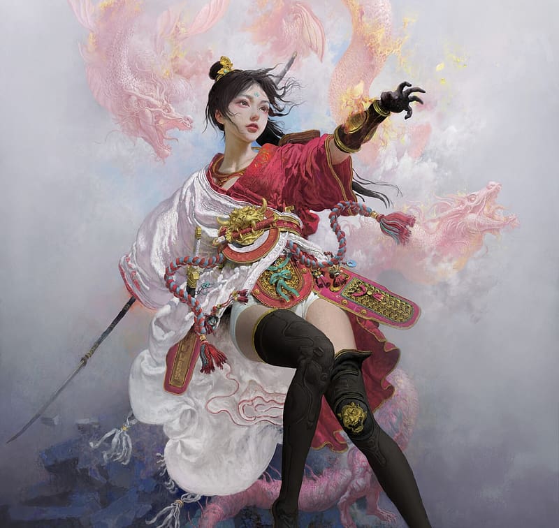 Hua Mulan, dragon, katana, sword, girl, ruan jua, pink, fantasy, ruan jia, red, HD wallpaper