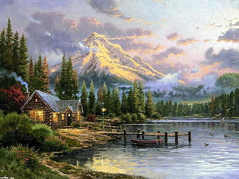 Lakefront painting clouds cottage lake HD wallpaper Peakpx