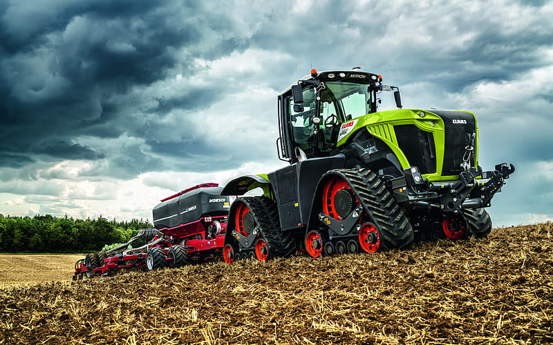 Claas Xerion 5000, tractor on tracks, sowing concepts, Horsch seeder, agricultural machinery, tractor on the field, modern tractors, Claas, HD wallpaper