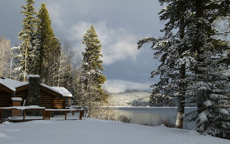 Canim Lake, Canada, lake, winter, house, snow, Canada, trees, HD wallpaper