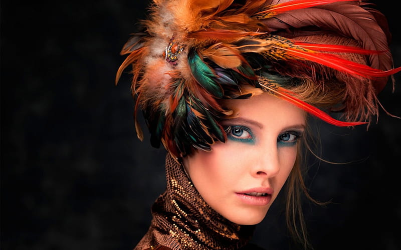 Beauty, model, black, woman, make-up, hat, girl, jaleesa, feather, face, fashion, HD wallpaper