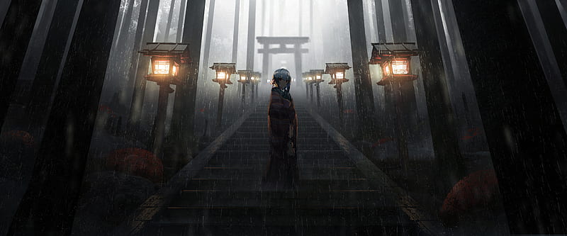 Anime Girl Standing in Rain inside Torii, HD wallpaper