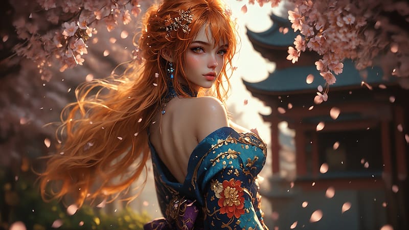 Nami, sakura, cherry blossom, girl, spring, art, pink, one piece, fantasy, redhead, HD wallpaper Nami, sakura, cherry blossom, girl, spring, art, pink, one piece, fantasy, redhead, HD wallpaper