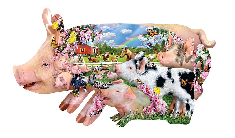 Pigs, fantasy, pig, black, piglet, white, creative, pink, animal, HD wallpaper
