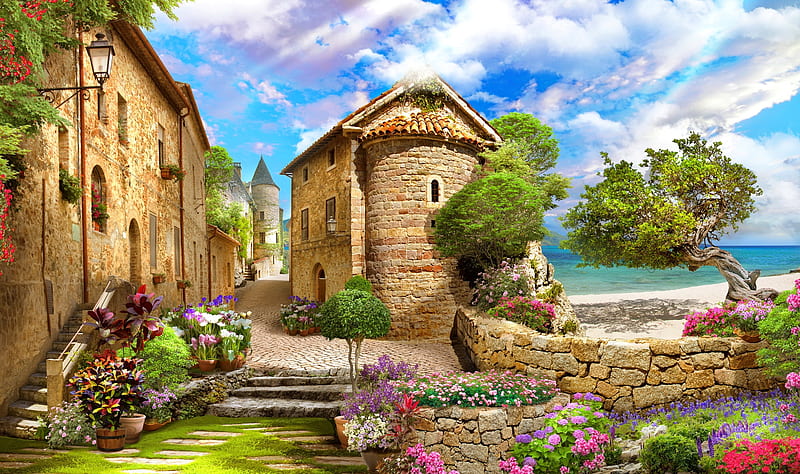 View from the street, flowers, day, sunny, bonito, old, sea, street, que, stone, village, HD wallpaper