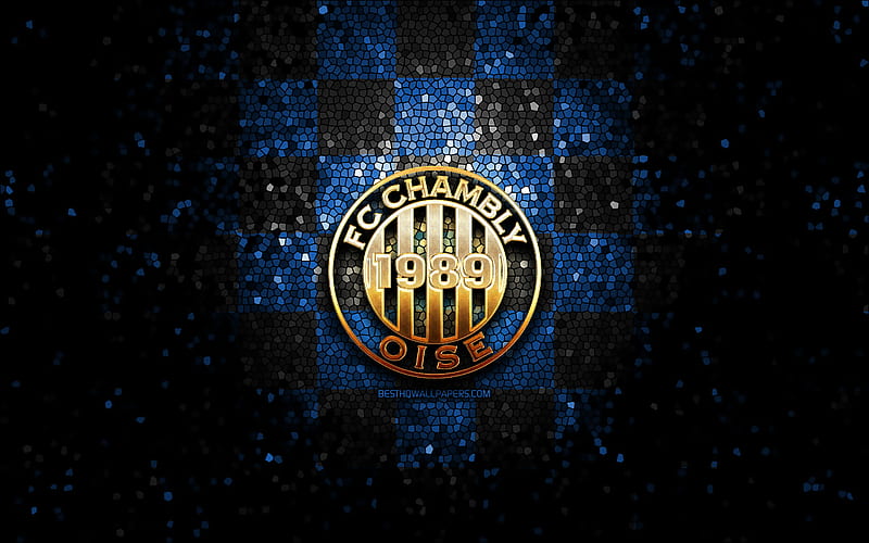 Chambly FC, glitter logo, Ligue 2, blue black checkered background, soccer, french football club, Chambly logo, mosaic art, football, FC Chambly Oise, HD wallpaper