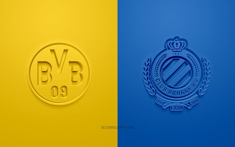 Borussia Dortmund vs Brugge, UEFA Champions League, Group F, 3D logos, yellow blue background, Champions League, football match, Brugge, Borussia Dortmund, HD wallpaper