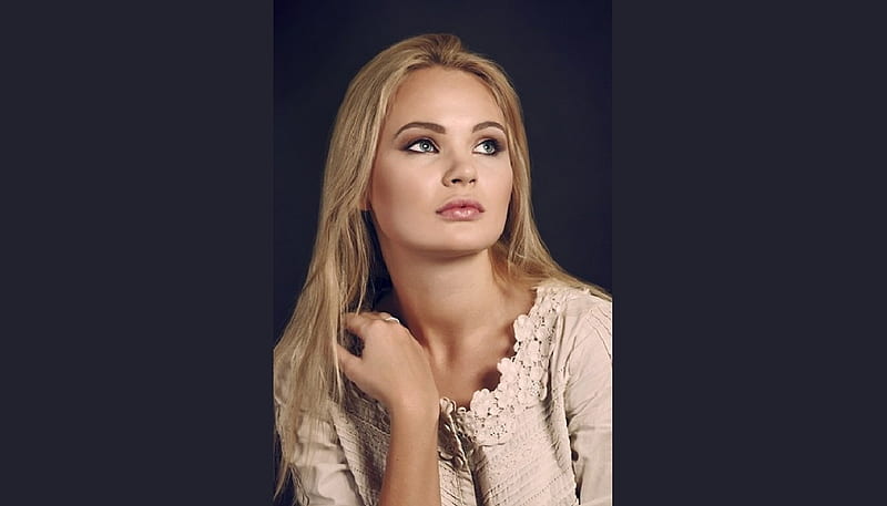 Kseniya Mikhaleva known as Talia Cherry, portrait , blonde, blue eyes, lace top, flower pattern, HD wallpaper