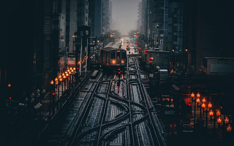 Chicago, tram lines, darkness, modern buildings, american cities, Illinois, America, Chicago at morning, USA, City of Chicago, Cities of Illinois, HD wallpaper