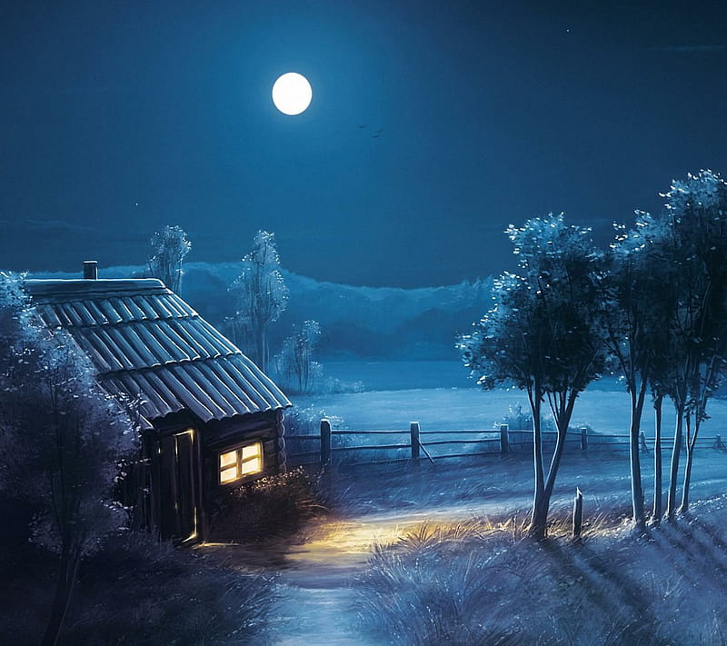 Night house, tree, moon, house, night, HD wallpaper