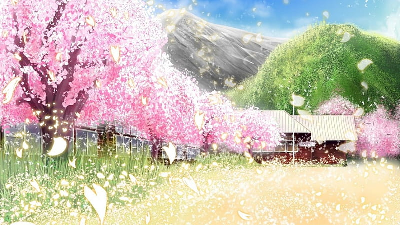Sakura Land Flowers, pretty, grass, bonito, artwork, mountain, green, sakura flowers, amazing landscape, land, hill, pink, art, houses, wind, windy, awesome, landscape, HD wallpaper