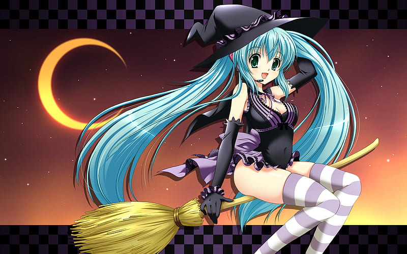 Vocaloid, witch, halloween, miku, broom stick, hatsune, moon, girl, anime, HD wallpaper