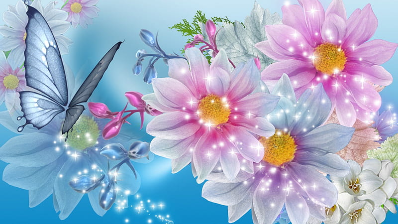 Pink Blue Floral Beauty, flowers, flash, sparkle, glint, butterfly, scintillate, flowers, glisten, flare, burn, glance, spangle, glimmer, happy, combust, blaze, luster, sunshine, glow, twinkle, shine, bonito, flame, shimmer, papillon, light, stars, glitter, coruscate, spring, smile, glister, winkle scintillate, summer, radiate lustre, wink, gleam, HD wallpaper