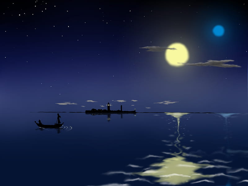 Full moon, moon, luminos, full, yellow, boat, fantasy, moon, water, summer, night, blue, HD wallpaper