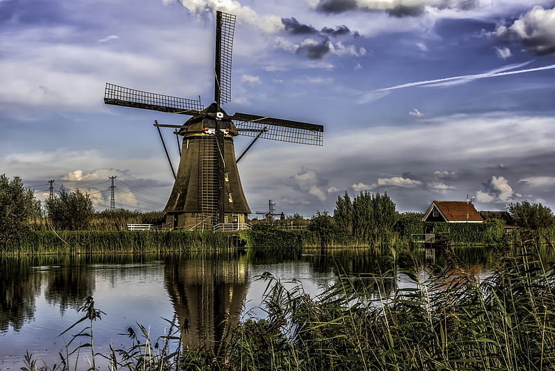 Kinderdijk Windmill,Netherland, windmill, houses, nature, river, trees, clouds, HD wallpaper
