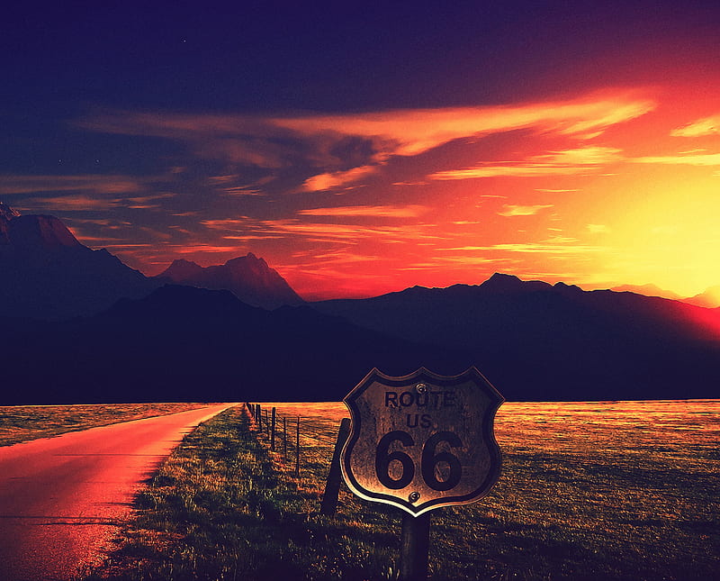 Route 66, road, sunset, HD wallpaper