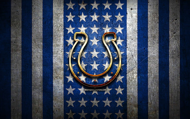 Indianapolis Colts flag, NFL, blue white metal background, american football team, Indianapolis Colts logo, USA, american football, golden logo, Indianapolis Colts, HD wallpaper