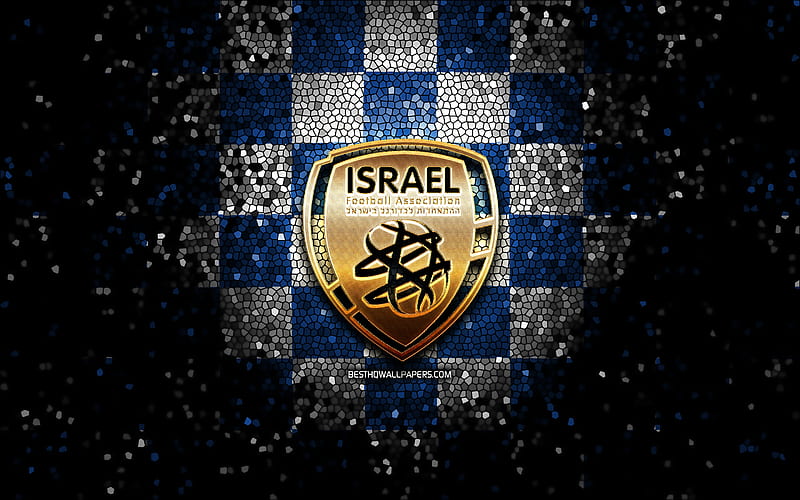 Israeli football team, glitter logo, UEFA, Europe, blue white checkered background, mosaic art, soccer, Israel National Football Team, IFA logo, football, Israel, HD wallpaper