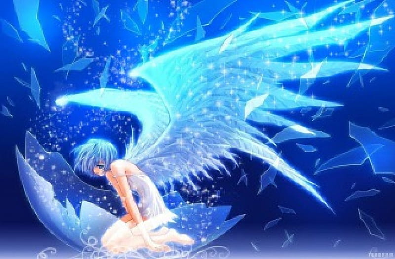 angel, sparkle, fantasy, break away, wings, anime, blue, HD wallpaper