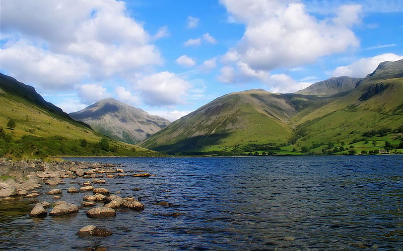 The Waters Of Cumbria, rocks, water, mountains, summer, nature, lake, HD wallpaper