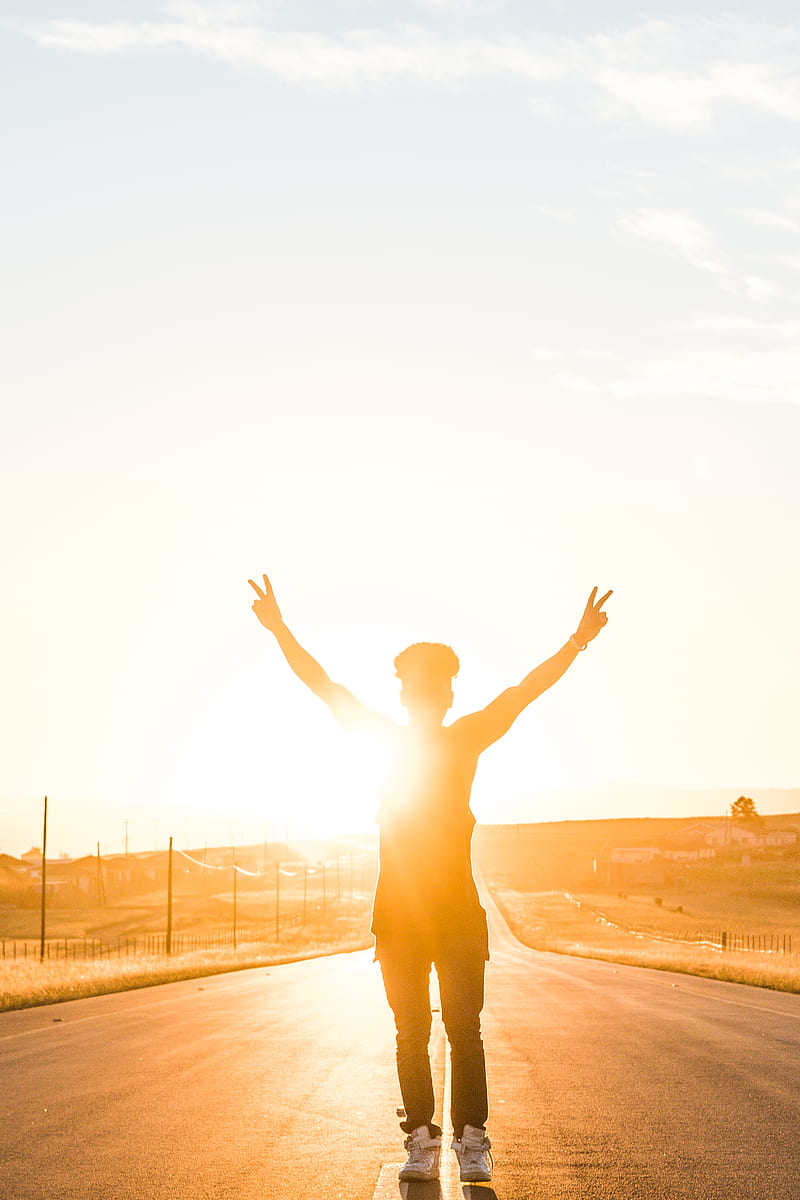 person raising both hands doing peace sign hand gesture on road during daytime, HD phone wallpaper
