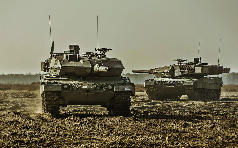 Leopard 2, two tanks, german MBT, tanks, shooting range, Bundeswehr, German army, armored vehicles, HD wallpaper