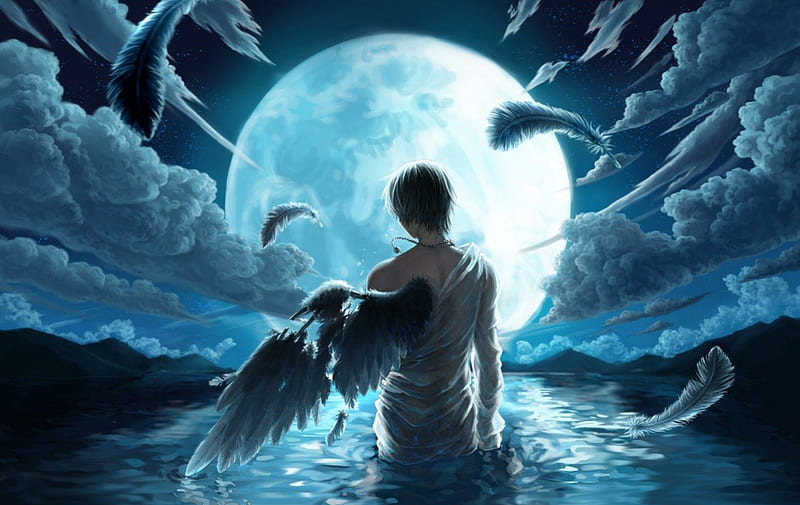 Wallpaper clouds, the moon, anime, the demon, vampire, bats