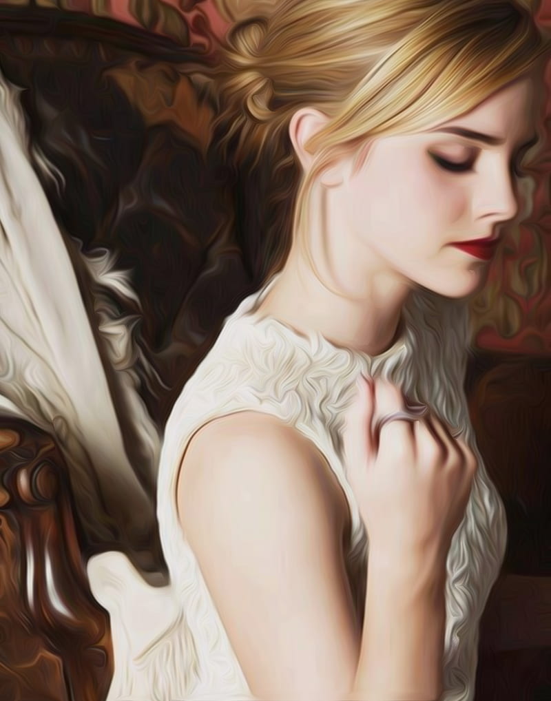 oil painting, blonde, red lipstick, women, Emma Watson, HD phone wallpaper